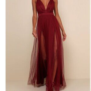 Lulu's Burgundy Tulle Backless Maxi Dress - XL